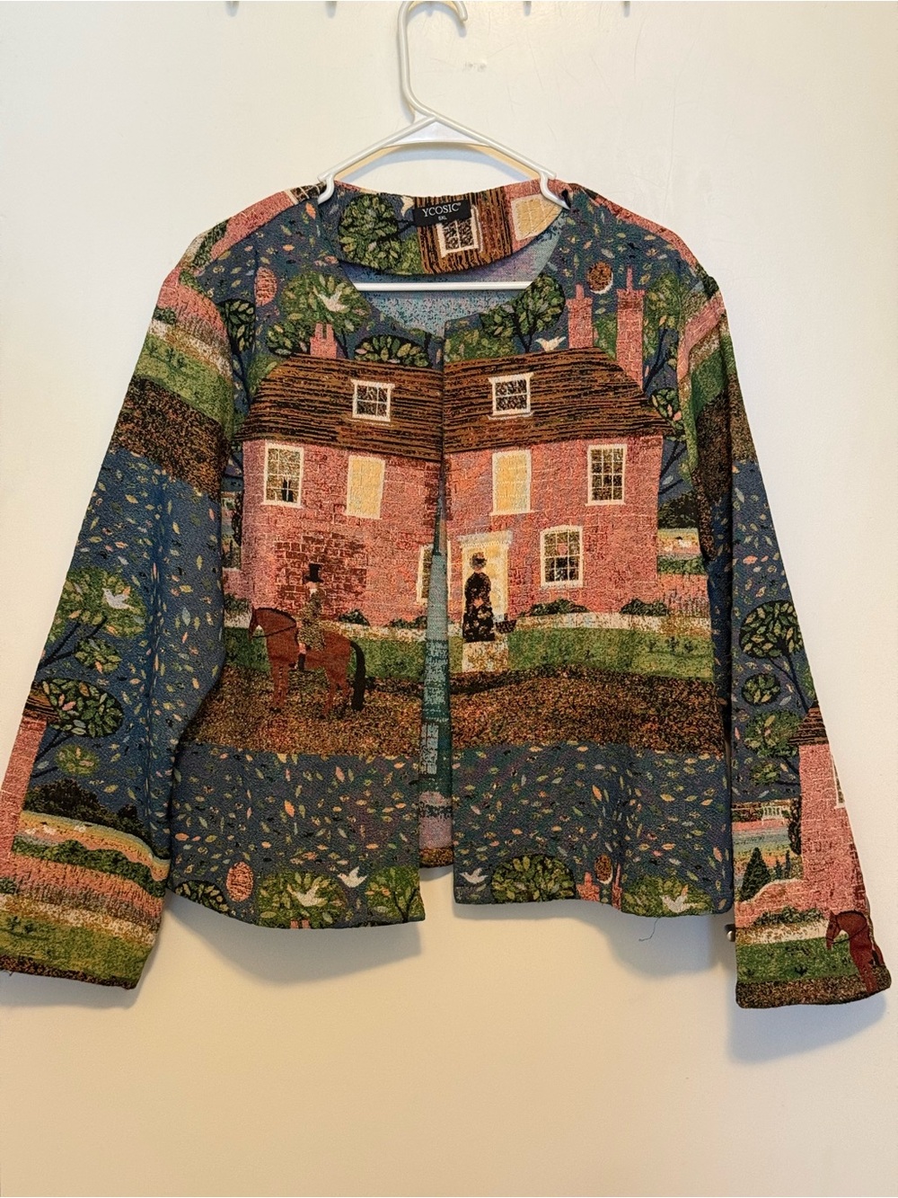 YCOSIC Tapestry Jacket with Scenic Village Print - Blue & Pink